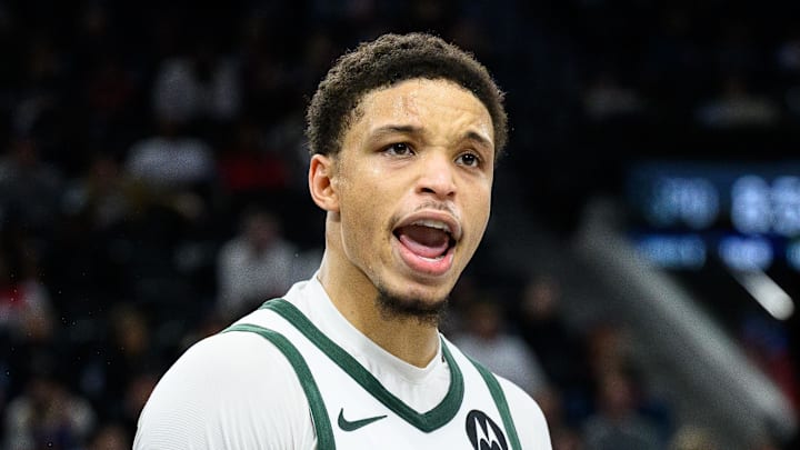 Milwaukee Bucks guard Ryan Rollins reacts against the Los Angeles Clippers at Intuit Dome on Mar 23, 2026.