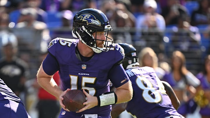 Oct 5, 2025; Baltimore, Maryland, USA; Baltimore Ravens quarterback Cooper Rush (15) looks back to pass during the third quarter against the Houston Texans at M&T Bank Stadium. Mandatory Credit: Rafael Suanes-Imagn Images Oct 5, 2025; Baltimore, Maryland, USA; Baltimore Ravens quarterback Cooper Rush (15) looks back to pass during the third quarter against the Houston Texans at M&T Bank Stadium. Mandatory Credit: Rafael Suanes-Imagn Images