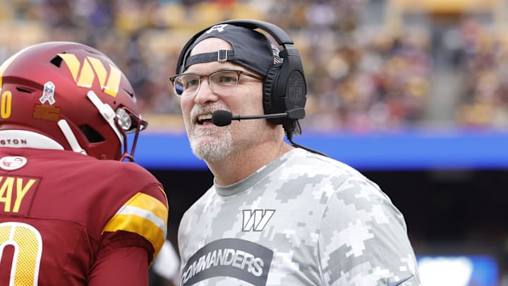 Nov 10, 2024; Landover, Maryland, USA; Washington Commanders head coach Dan Quinn looks on from the sidelines against the Pittsburgh Steelers during the second half at Northwest Stadium. Mandatory Credit: Amber Searls-Imagn Images