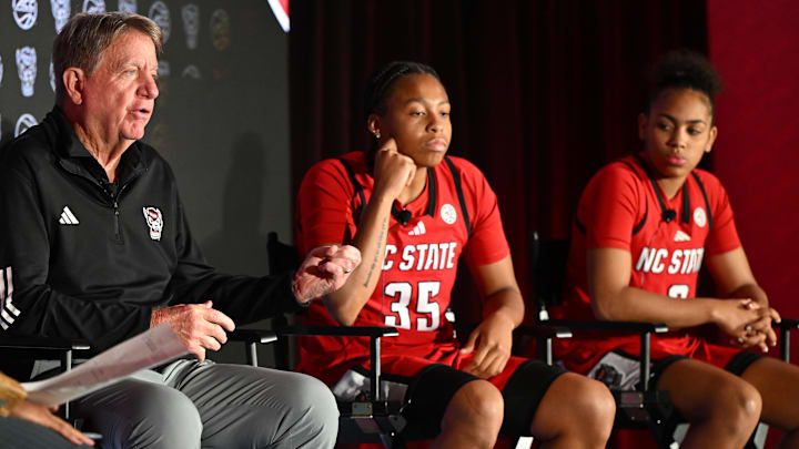 Oct 6, 2025; Charlotte, NC, USA; North Carolina State head coach Wes Moore answers questions from the media at The Hilton Charlotte Uptown. Mandatory Credit: William Howard-Imagn Images Oct 6, 2025; Charlotte, NC, USA; North Carolina State head coach Wes Moore answers questions from the media at The Hilton Charlotte Uptown. Mandatory Credit: William Howard-Imagn Images