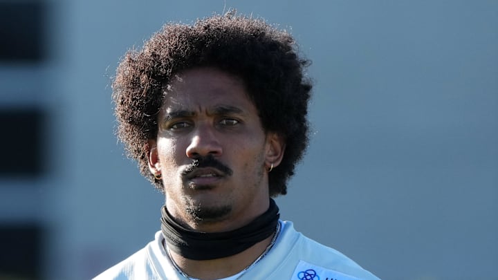 Jul 23, 2025; Los Angeles, CA, USA; Los Angeles Rams cornerback Ahkello Witherspoon (4) during training camp at Loyola Marymount University. Mandatory Credit: Kirby Lee-Imagn Images