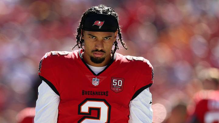 Nov 30, 2025; Tampa, Florida, USA; Tampa Bay Buccaneers wide receiver Emeka Egbuka (2) before a game against the Arizona Cardinals at Raymond James Stadium. Mandatory Credit: Nathan Ray Seebeck-Imagn Images