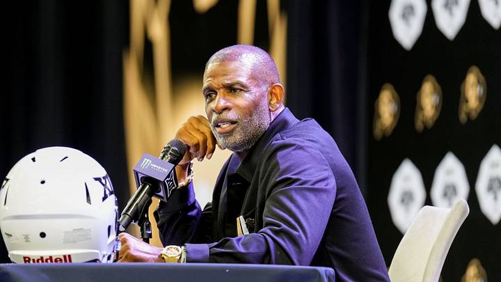 Jul 7, 2026; Frisco, TX, USA; Colorado head coach Deion Sanders speaks to reporters during Big 12 Conference Football Media Days at The Star. Mandatory Credit: Raymond Carlin III-Imagn Images Jul 7, 2026; Frisco, TX, USA; Colorado head coach Deion Sanders speaks to reporters during Big 12 Conference Football Media Days at The Star. Mandatory Credit: Raymond Carlin III-Imagn Images