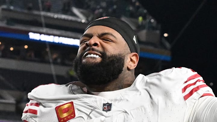 San Francisco 49ers offensive tackle Trent Williams celebrates