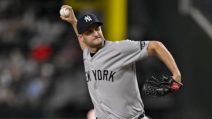 Aug 4, 2025; Arlington, Texas, USA; New York Yankees relief pitcher Jake Bird (59) in action during the game between the Texas Rangers and the New York Yankees at Globe Life Field. Mandatory Credit: Jerome Miron-Imagn Images