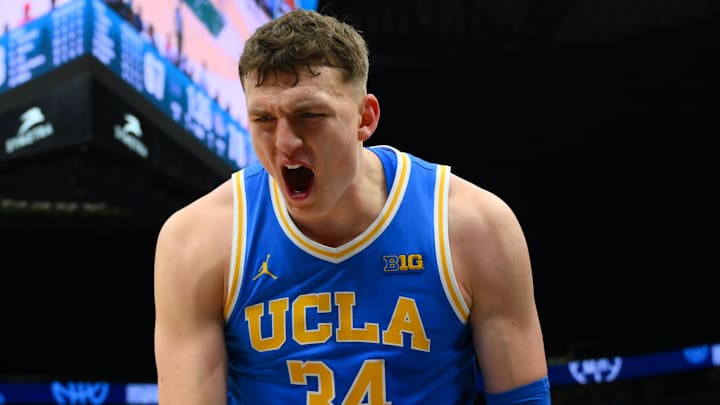 Dec 13, 2025; Seattle, Washington, USA; UCLA Bruins forward Tyler Bilodeau (34) reacts to making a basket against the Gonzaga Bulldogs during the second half at Climate Pledge Arena. Mandatory Credit: Steven Bisig-Imagn Images Dec 13, 2025; Seattle, Washington, USA; UCLA Bruins forward Tyler Bilodeau (34) reacts to making a basket against the Gonzaga Bulldogs during the second half at Climate Pledge Arena. Mandatory Credit: Steven Bisig-Imagn Images