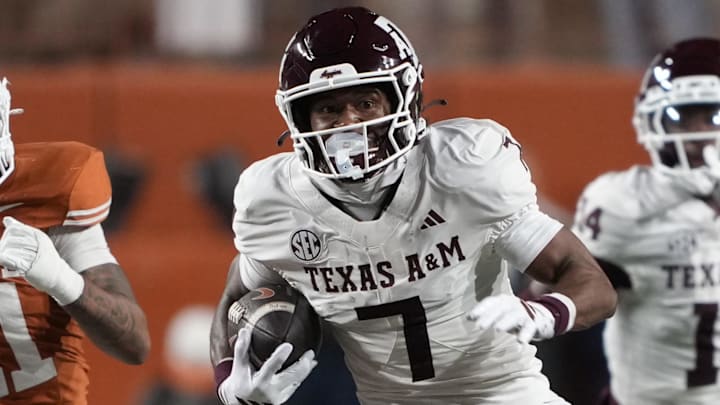 Nov 28, 2025; Austin, Texas, USA; Texas A&M Aggies wide receiver KC Concepcion (7) returns a punt during the first half against the Texas Longhorns at Darrell K Royal-Texas Memorial Stadium. Mandatory Credit: Scott Wachter-Imagn Images Nov 28, 2025; Austin, Texas, USA; Texas A&M Aggies wide receiver KC Concepcion (7) returns a punt during the first half against the Texas Longhorns at Darrell K Royal-Texas Memorial Stadium. Mandatory Credit: Scott Wachter-Imagn Images