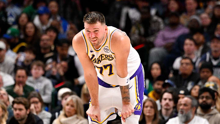 Jan 24, 2026; Dallas, Texas, USA; Los Angeles Lakers guard Luka Doncic (77) looks on during the game against the Dallas Mavericks at the American Airlines Center. Mandatory Credit: Jerome Miron-Imagn Images Jan 24, 2026; Dallas, Texas, USA; Los Angeles Lakers guard Luka Doncic (77) looks on during the game against the Dallas Mavericks at the American Airlines Center. Mandatory Credit: Jerome Miron-Imagn Images