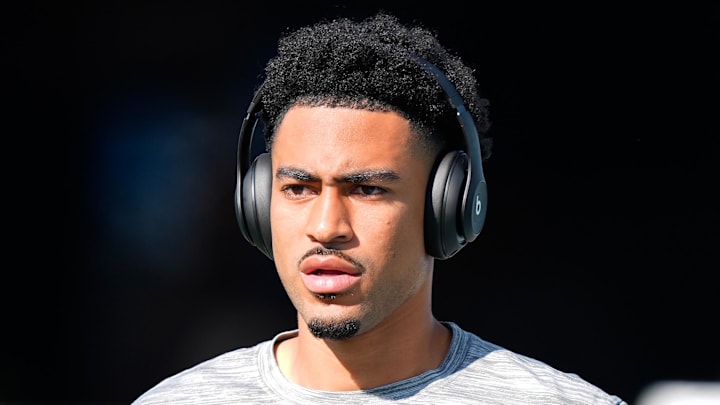 Carolina Panthers quarterback Bryce Young warms up before the game against the New Orleans Saints.