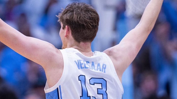 Dec 22, 2025; Chapel Hill, North Carolina, USA; North Carolina Tar Heels center Henri Veesaar (13) celebrates during the first half against the East Carolina Pirates at Dean E. Smith Center. Mandatory Credit: Scott Kinser-Imagn Images