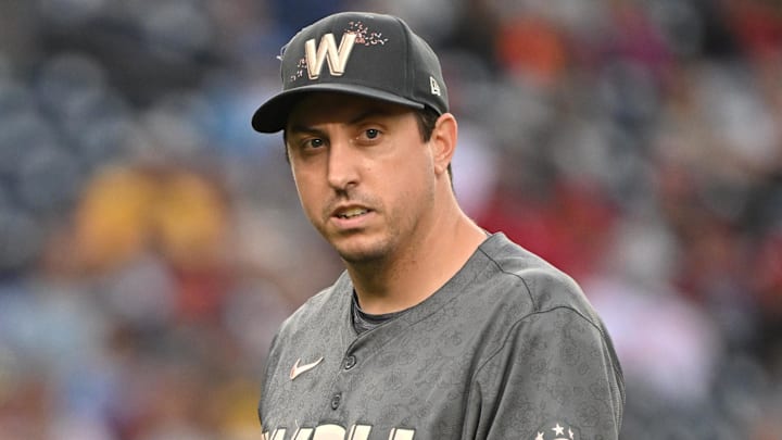 Sep 29, 2024; Washington, District of Columbia, USA; Washington Nationals relief pitcher Derek Law (58) walks back to the dugout against the Philadelphia Phillies during the ninth inning at Nationals Park