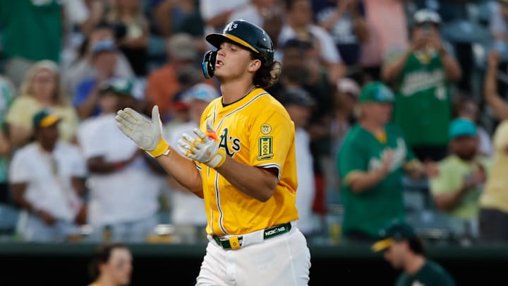 Jul 10, 2025; West Sacramento, California, USA; Athletics first baseman Nick Kurtz (16) rounds the bases after hitting a one run home run during the eighth inning against the Atlanta Braves at Sutter Health Park. Mandatory Credit: Sergio Estrada-Imagn Images