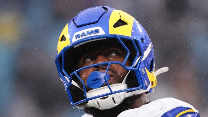Nov 30, 2025; Charlotte, North Carolina, USA; Los Angeles Rams linebacker Jared Verse (8) looks on during the third quarter against the Carolina Panthers at Bank of America Stadium. Mandatory Credit: Scott Kinser-Imagn Images