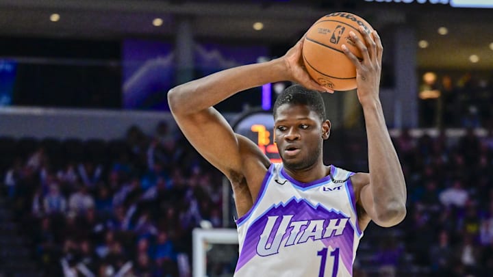 Oct 16, 2025; Salt Lake City, Utah, USA; Utah Jazz center Mo Bamba (11) waits to pass to Utah Jazz center Kyle Filipowski (22) during the second half against the Portland Trail Blazers at Delta Center. Mandatory Credit: Peter Creveling-Imagn Images