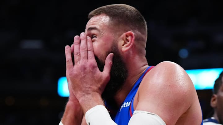 Apr 20, 2026; Denver, Colorado, USA; Denver Nuggets center Jonas Valanciunas (17) reacts to a foul in the first half against the Minnesota Timberwolves during game two of the first round of the 2026 NBA Playoffs at Ball Arena. Mandatory Credit: Ron Chenoy-Imagn Images