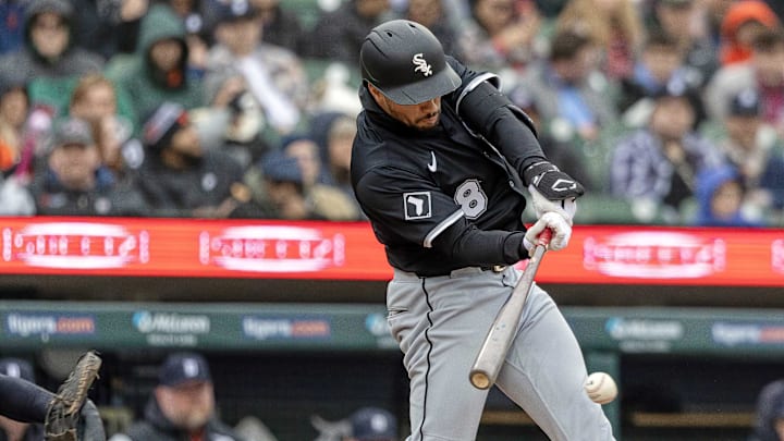 Apr 5, 2025; Detroit, Michigan, USA; (Editors Notes: Caption Correction) Chicago White Sox outfielder Luis Robert Jr (88) hits a single in the fifth inning against the Detroit Tigers at Comerica Park. 