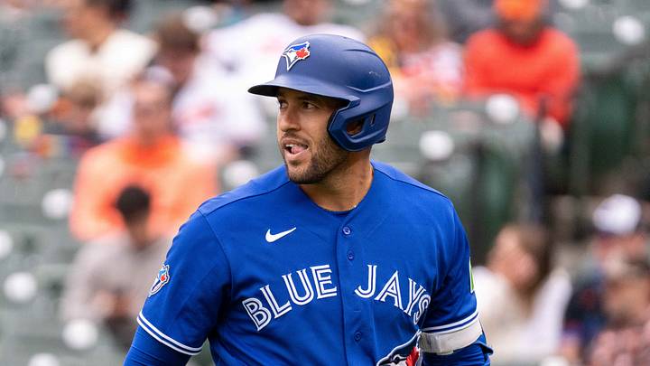 Sep 23, 2026; Baltimore, Maryland, USA; Toronto Blue Jays designated hitter George Springer (4) reacts after striking out during the fourth inning at Oriole Park at Camden Yards. Mandatory Credit: Jamie LeBlanc-Imagn Images