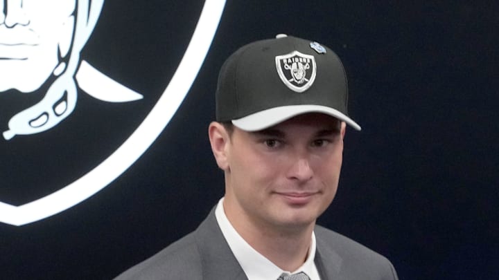 Apr 24, 2026; Henderson, NV, USA; Las Vegas Raiders quarterback Fernando Mendoza speaks at introductory press conference at Intermountain Health Performance Center after being selected as the No. 1 pick in the 2026 NFL Draft. Mandatory Credit: Kirby Lee-Imagn Images