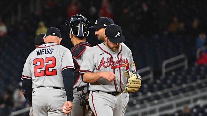 Apr 20, 2026; Washington, District of Columbia, USA; Atlanta Braves pitcher Bryce Elder (55) is removed from the game by manager Walt Weiss (22) during the seventh inning against the Washington Nationals at Nationals Park. Mandatory Credit: Brad Mills-Imagn Images
