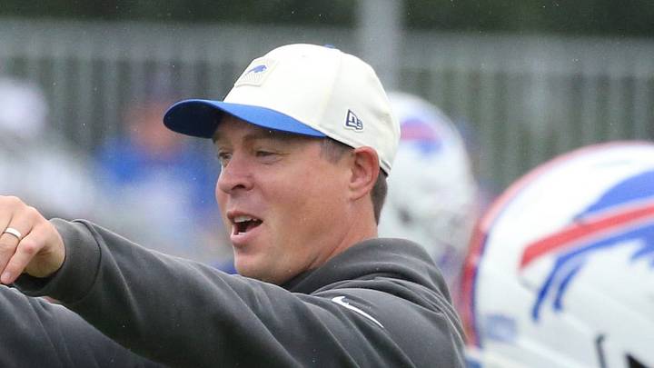 Bills defensive coordinator Jim Leonhard visits with players during day two of Buffalo Bills training camp at St. John Fisher University Thursday, July 30, 2026 in Pittsford. Bills defensive coordinator Jim Leonhard visits with players during day two of Buffalo Bills training camp at St. John Fisher University Thursday, July 30, 2026 in Pittsford.