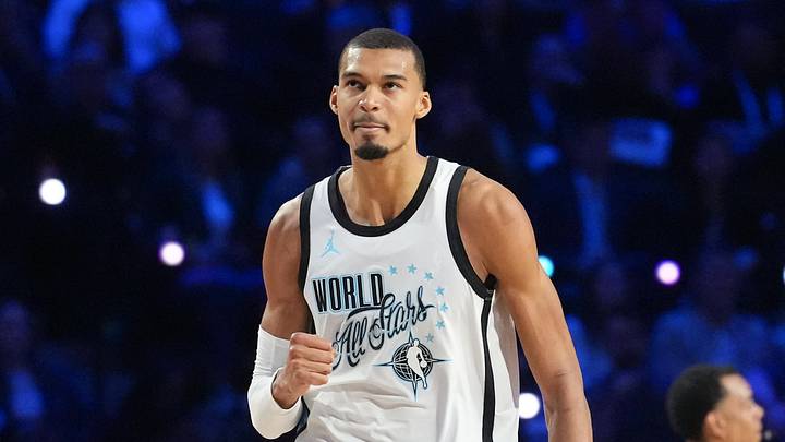 Feb 15, 2026; Inglewood, California, USA; Team World center Victor Wembanyama (1) of the San Antonio Spurs reacts in game one against Team Stars during the 75th NBA All Star Game at Intuit Dome. Mandatory Credit: Kirby Lee-Imagn Images