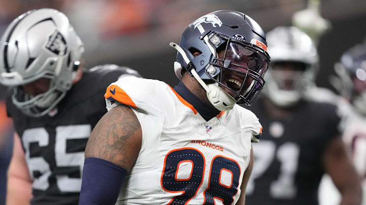 Dec 7, 2025; Paradise, Nevada, USA; Denver Broncos defensive end John Franklin-Myers (98) reacts after a sack against the Las Vegas Raiders during the first half at Allegiant Stadium. Dec 7, 2025; Paradise, Nevada, USA; Denver Broncos defensive end John Franklin-Myers (98) reacts after a sack against the Las Vegas Raiders during the first half at Allegiant Stadium.