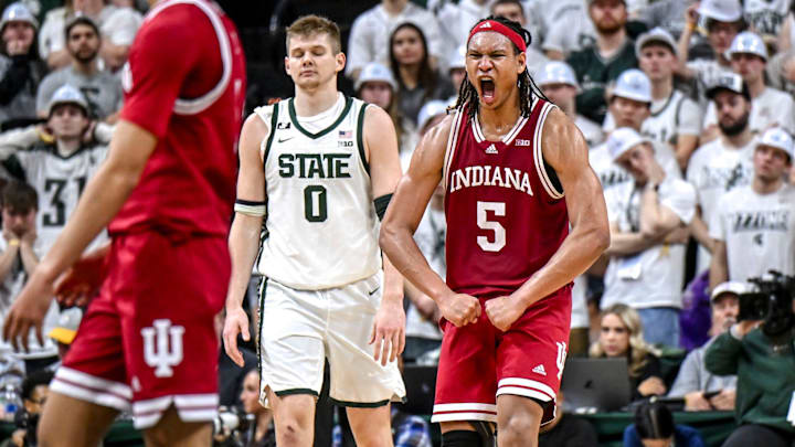 Indiana's Malik Reneau celebrates against Michigan State at the Breslin Center in East Lansing.