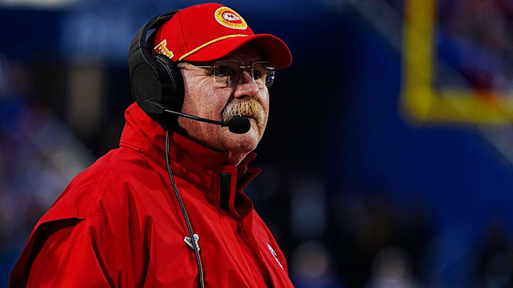 Kansas City's head coach Andy Reid looks towards his team on the field during first-half action against the Kansas City Chiefs in Orchard Park, Nov.17, 2024.