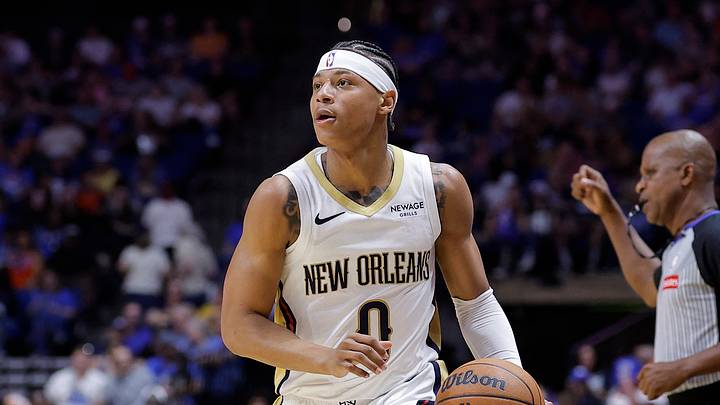 Oct 6, 2026; Tulsa, Oklahoma, USA; New Orleans Pelicans guard Jeremiah Fears (0) dribbles down the court against the Oklahoma City Thunder during the first half of a preseason game at BOK Center. Mandatory Credit: Alonzo Adams-Imagn Images
