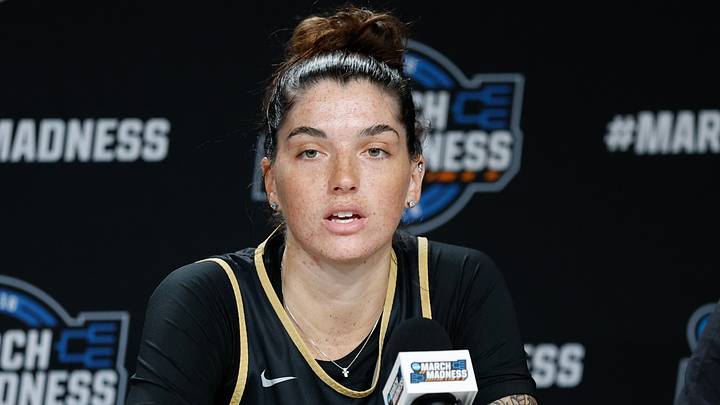 Vanderbilt Commodores guard Justine Pissott (13) speaks during a press conference Vanderbilt Commodores guard Justine Pissott (13) speaks during a press conference