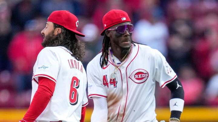 Cincinnati Reds second baseman Jonathan India (6) and shortstop Elly De La Cruz (44) high five after Cincinnati Reds second baseman Jonathan India (6) and shortstop Elly De La Cruz (44) high five after