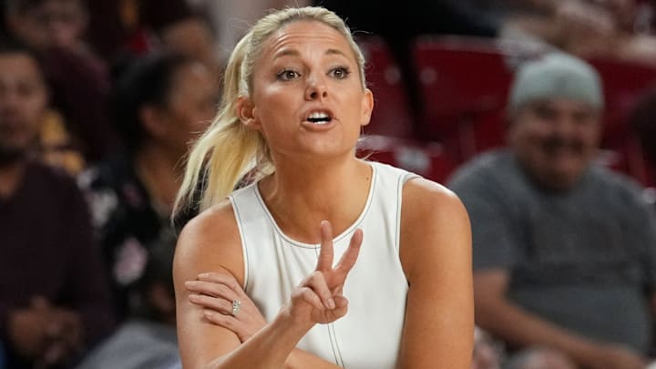 ASU Sun Devils head coach Molly Miller yells out to her team as they play the Coppin State Bald Eagles at Desert Financial Arena on Nov. 3, 2025.