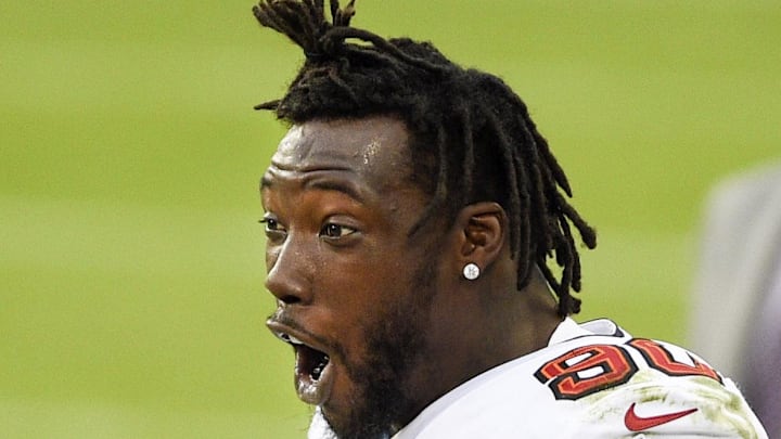 Nov 15, 2020; Charlotte, North Carolina, USA; Tampa Bay Buccaneers outside linebacker Jason Pierre-Paul (90) on the sidelines in the third quarter at Bank of America Stadium. Mandatory Credit: Bob Donnan-Imagn Images Nov 15, 2020; Charlotte, North Carolina, USA; Tampa Bay Buccaneers outside linebacker Jason Pierre-Paul (90) on the sidelines in the third quarter at Bank of America Stadium. Mandatory Credit: Bob Donnan-Imagn Images