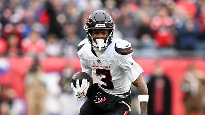 Oct 13, 2024; Foxborough, Massachusetts, USA; Houston Texans wide receiver Tank Dell (3) rushes against the New England Patriots during the second half at Gillette Stadium. Mandatory Credit: Brian Fluharty-Imagn Images