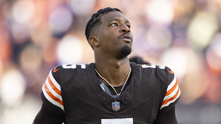 Oct 27, 2024; Cleveland, Ohio, USA; Cleveland Browns quarterback Jameis Winston (5) runs back to the locker room after defeating the Baltimore Ravens at Huntington Bank Field. Mandatory Credit: Scott Galvin-Imagn Images