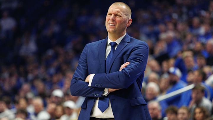 Nov 22, 2024; Lexington, Kentucky, USA; Kentucky Wildcats head coach Mark Pope reacts to the action during the first half against the Jackson State Tigers at Rupp Arena at Central Bank Center. Mandatory Credit: Jordan Prather-Imagn Images