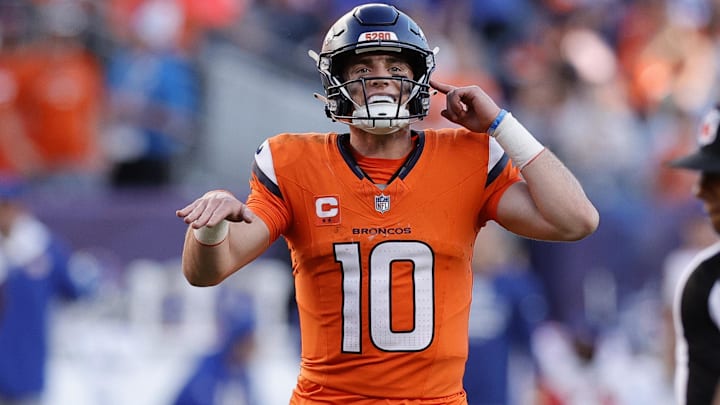 Oct 19, 2025; Denver, Colorado, USA; Denver Broncos quarterback Bo Nix (10) reacts after a play against the New York Giants during the second half at Empower Field at Mile High. Oct 19, 2025; Denver, Colorado, USA; Denver Broncos quarterback Bo Nix (10) reacts after a play against the New York Giants during the second half at Empower Field at Mile High.