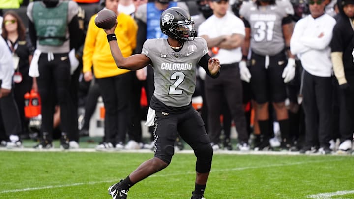 Colorado Buffaloes quarterback Shedeur Sanders prepares to pass in the second half against the Utah Utes at Folsom Field.