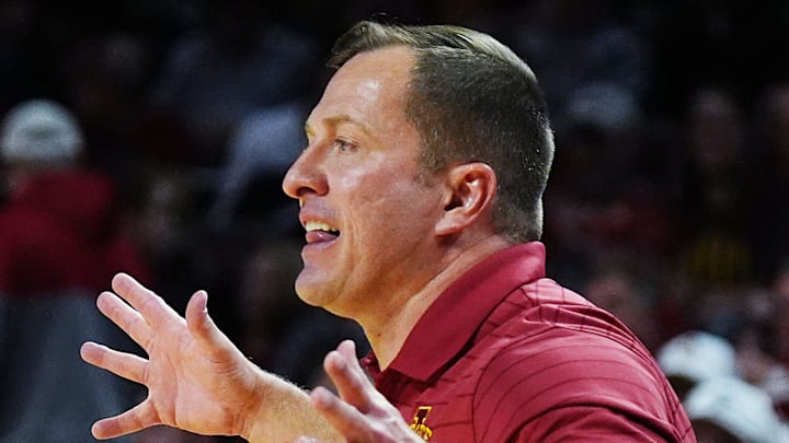 Iowa State Cyclones men's basketball head coach T.J. Otzelberger calls a play during the second half against Oklahoma State in the Big-12 men’s basketball on Jan. 10, 2026, at Hilton Coliseum in Ames, Iowa.