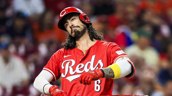Sep 4, 2024; Cincinnati, Ohio, USA; Cincinnati Reds second baseman Jonathan India (6) reacts after a play in the fifth inning against the Houston Astros at Great American Ball Park. Mandatory Credit: Katie Stratman-Imagn Images Sep 4, 2024; Cincinnati, Ohio, USA; Cincinnati Reds second baseman Jonathan India (6) reacts after a play in the fifth inning against the Houston Astros at Great American Ball Park. Mandatory Credit: Katie Stratman-Imagn Images