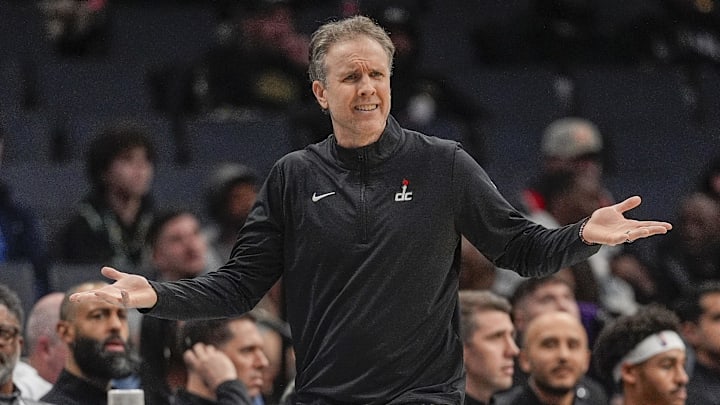 Feb 3, 2025; Charlotte, North Carolina, USA;Washington Wizards head coach Brian Keefe reacts to a call during the second half against the Charlotte Hornets at Spectrum Center. Mandatory Credit: Jim Dedmon-Imagn Images Feb 3, 2025; Charlotte, North Carolina, USA;Washington Wizards head coach Brian Keefe reacts to a call during the second half against the Charlotte Hornets at Spectrum Center. Mandatory Credit: Jim Dedmon-Imagn Images