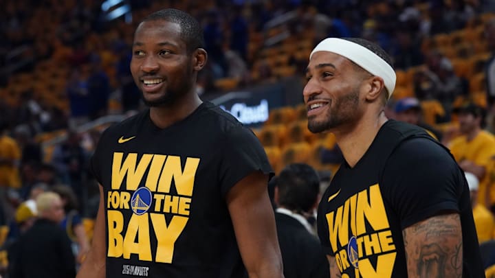 May 10, 2025; San Francisco, California, USA; Golden State Warriors forward Jonathan Kuminga (00) and guard Gary Payton II (0) warm up before Game 3 of the second round for the 2025 NBA Playoffs against the Minnesota Timberwolves at Chase Center. May 10, 2025; San Francisco, California, USA; Golden State Warriors forward Jonathan Kuminga (00) and guard Gary Payton II (0) warm up before Game 3 of the second round for the 2025 NBA Playoffs against the Minnesota Timberwolves at Chase Center.