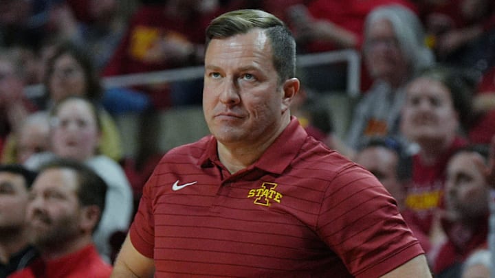 Iowa State Cyclones men's basketball head coach T.J. Otzelberger watches the game from the bench during the second half in the Big-12 conference men’s basketball against Texas Tech on Feb. 28, 2026, at Hilton Coliseum in Ames, Iowa. Iowa State Cyclones men's basketball head coach T.J. Otzelberger watches the game from the bench during the second half in the Big-12 conference men’s basketball against Texas Tech on Feb. 28, 2026, at Hilton Coliseum in Ames, Iowa.