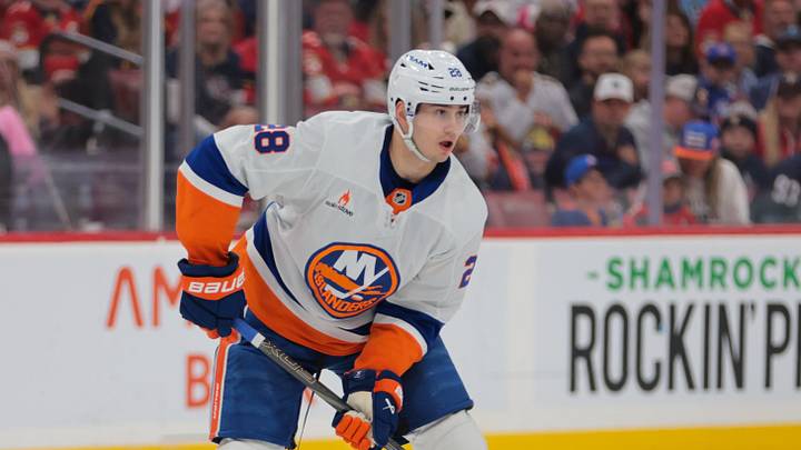 Feb 2, 2025; Sunrise, Florida, USA; New York Islanders defenseman Alexander Romanov (28) moves the puck against the Florida Panthers during the first period at Amerant Bank Arena. Mandatory Credit: Sam Navarro-Imagn Images Feb 2, 2025; Sunrise, Florida, USA; New York Islanders defenseman Alexander Romanov (28) moves the puck against the Florida Panthers during the first period at Amerant Bank Arena. Mandatory Credit: Sam Navarro-Imagn Images