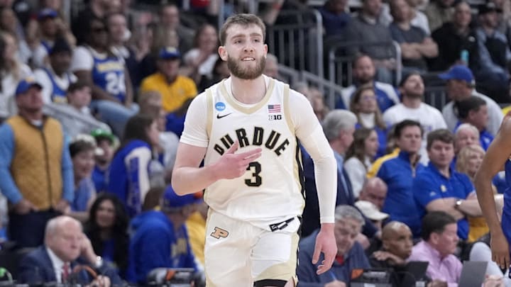 Mar 22, 2025; Providence, RI, USA; Purdue Boilermakers guard Braden Smith (3) reacts after a basket during the first half of a second round men’s NCAA Tournament game against the McNeese State Cowboys at Amica Mutual Pavilion. Mandatory Credit: Gregory Fisher-Imagn Images