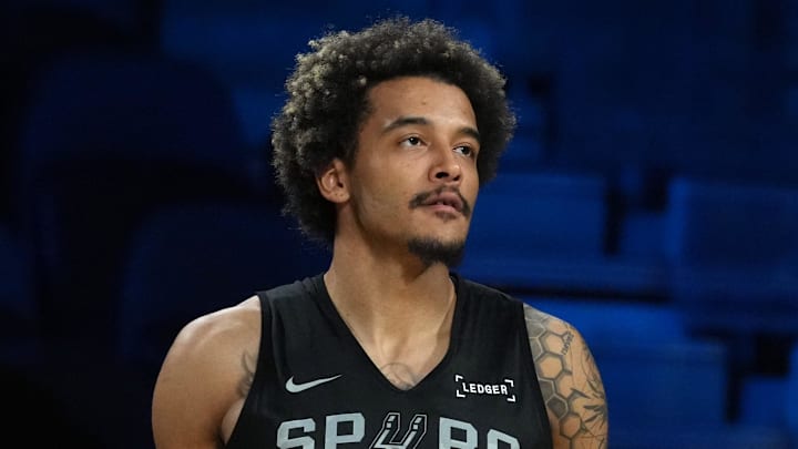 Dec 12, 2025; Las Vegas, NV, USA; San Antonio Spurs forward Jeremy Sochan (10) during practice prior to the Emirates Cup semifinals at T-Mobile Arena.