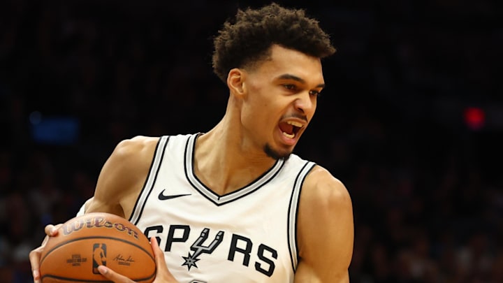 Dec 3, 2024; Phoenix, Arizona, USA; San Antonio Spurs center Victor Wembanyama (1) against the Phoenix Suns during an NBA Cup game at Footprint Center.