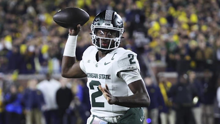 Oct 26, 2024; Ann Arbor, Michigan, USA;  Michigan State Spartans quarterback Aidan Chiles (2) passes in the first half against the Michigan Wolverines at Michigan Stadium. Mandatory Credit: Rick Osentoski-Imagn Images