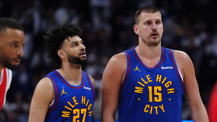 Apr 19, 2025; Denver, Colorado, USA; Denver Nuggets center Nikola Jokic (15) and Denver Nuggets guard Jamal Murray (27) during overtime against the LA Clippers at Ball Arena. Mandatory Credit: Ron Chenoy-Imagn Images Apr 19, 2025; Denver, Colorado, USA; Denver Nuggets center Nikola Jokic (15) and Denver Nuggets guard Jamal Murray (27) during overtime against the LA Clippers at Ball Arena. Mandatory Credit: Ron Chenoy-Imagn Images