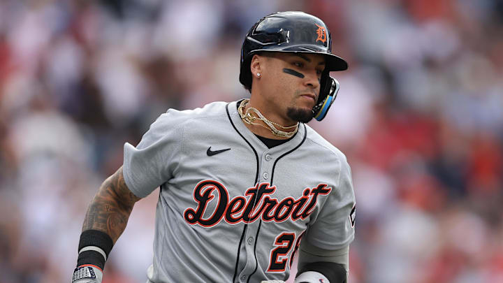 Aug 2, 2025; Philadelphia, Pennsylvania, USA; Detroit Tigers outfielder Javier Baez (28) runs the bases after hitting a two RBI against the Philadelphia Phillies during the seventh inning at Citizens Bank Park. Aug 2, 2025; Philadelphia, Pennsylvania, USA; Detroit Tigers outfielder Javier Baez (28) runs the bases after hitting a two RBI against the Philadelphia Phillies during the seventh inning at Citizens Bank Park.